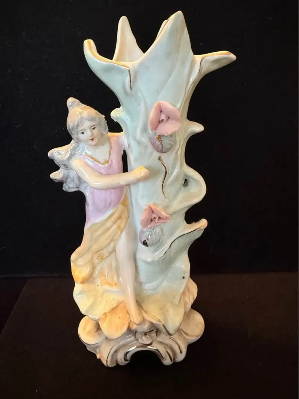Vintage Fairy Porcelain Bud Vase – Pastel Figurine with Applied Flowers – 1960s